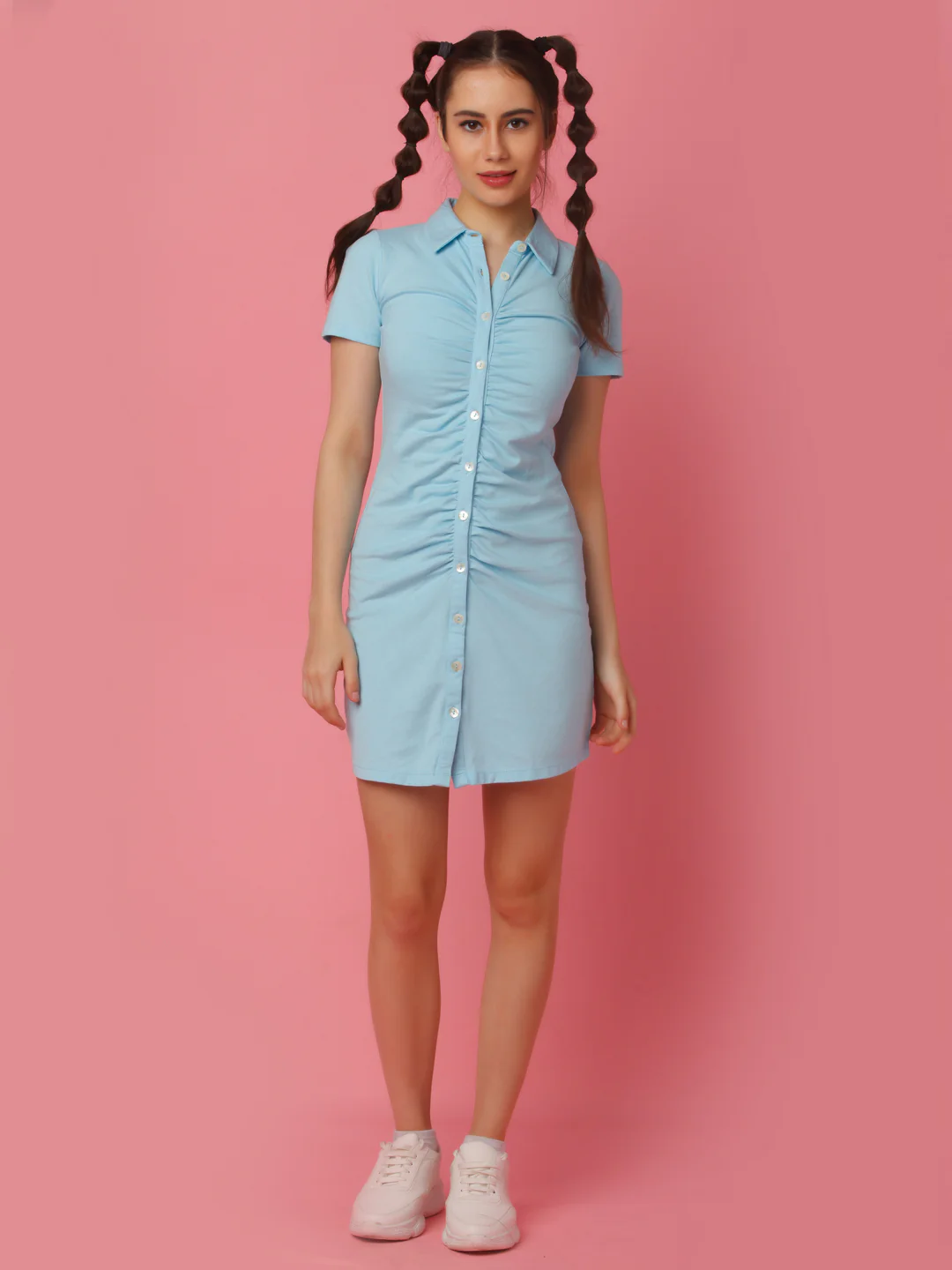 Blue Solid Fitted Shirt Style Short Dress - Image 5