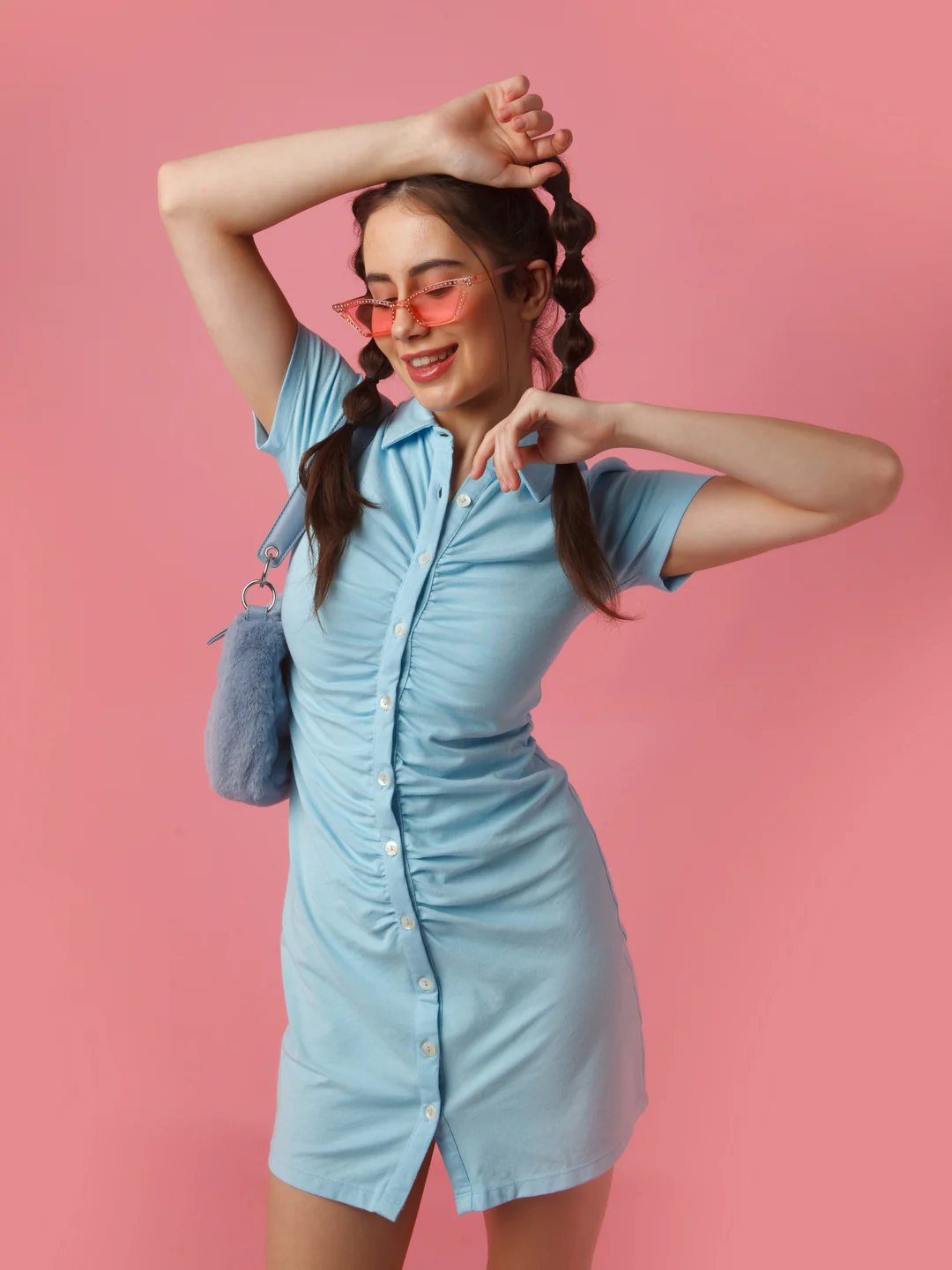 Blue Solid Fitted Shirt Style Short Dress - Image 7