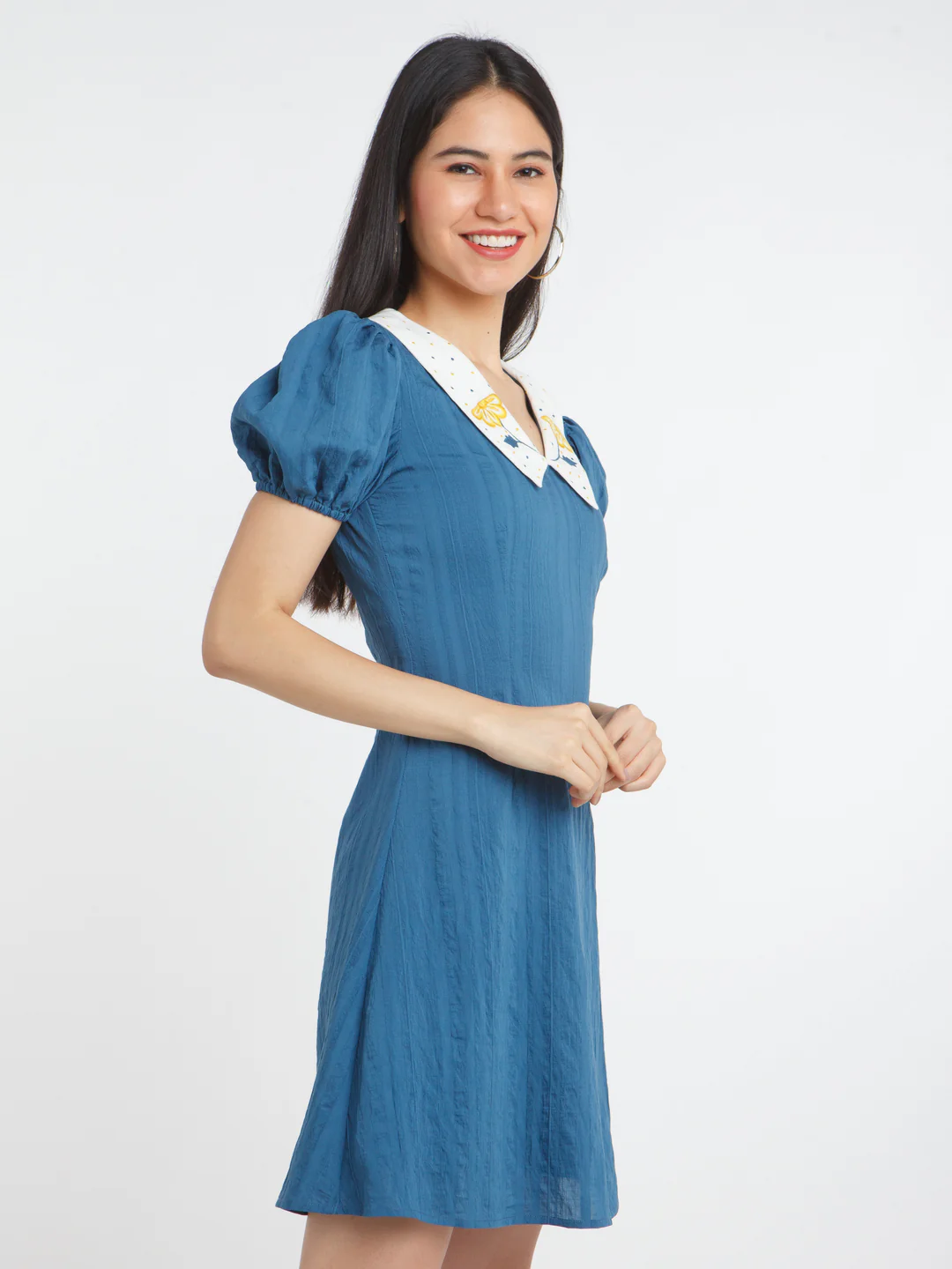 Blue Solid Fitted Short Dress - Image 3