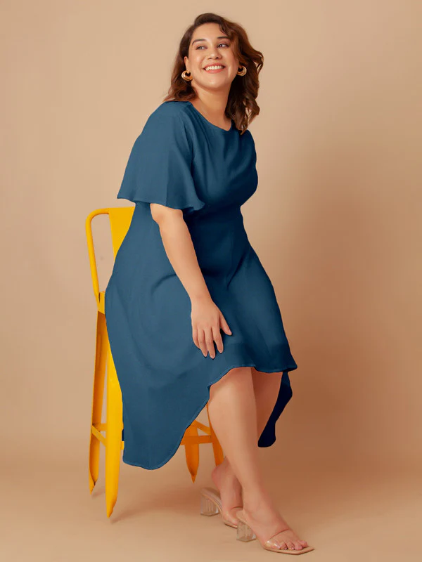 Blue Solid Flared Midi Dress