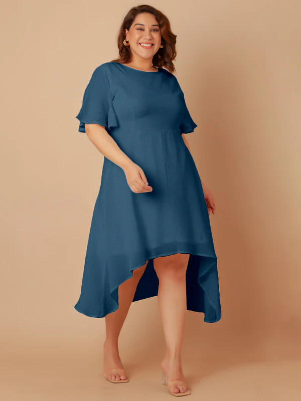 Blue Solid Flared Midi Dress - Image 2