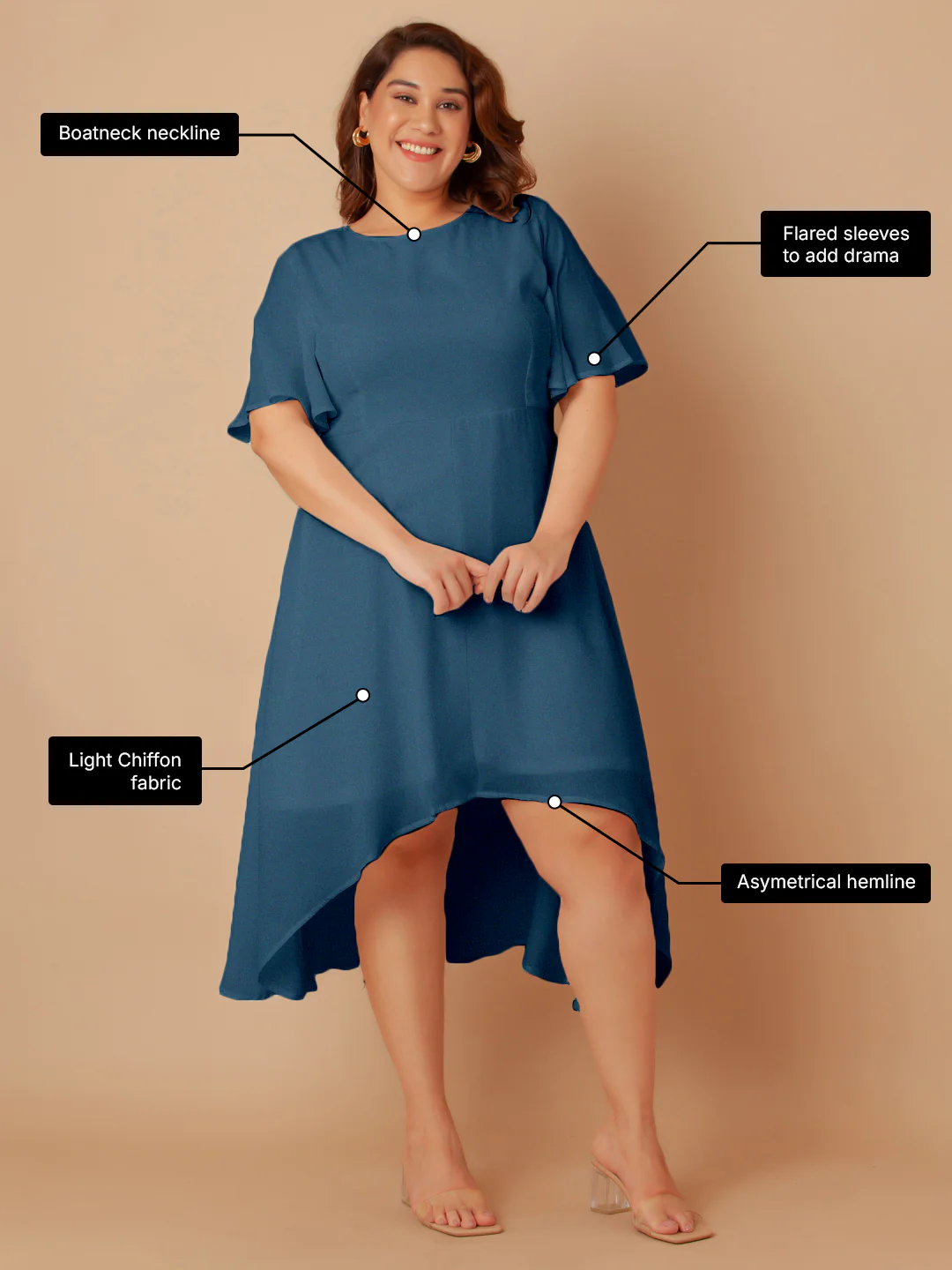 Blue Solid Flared Midi Dress - Image 3