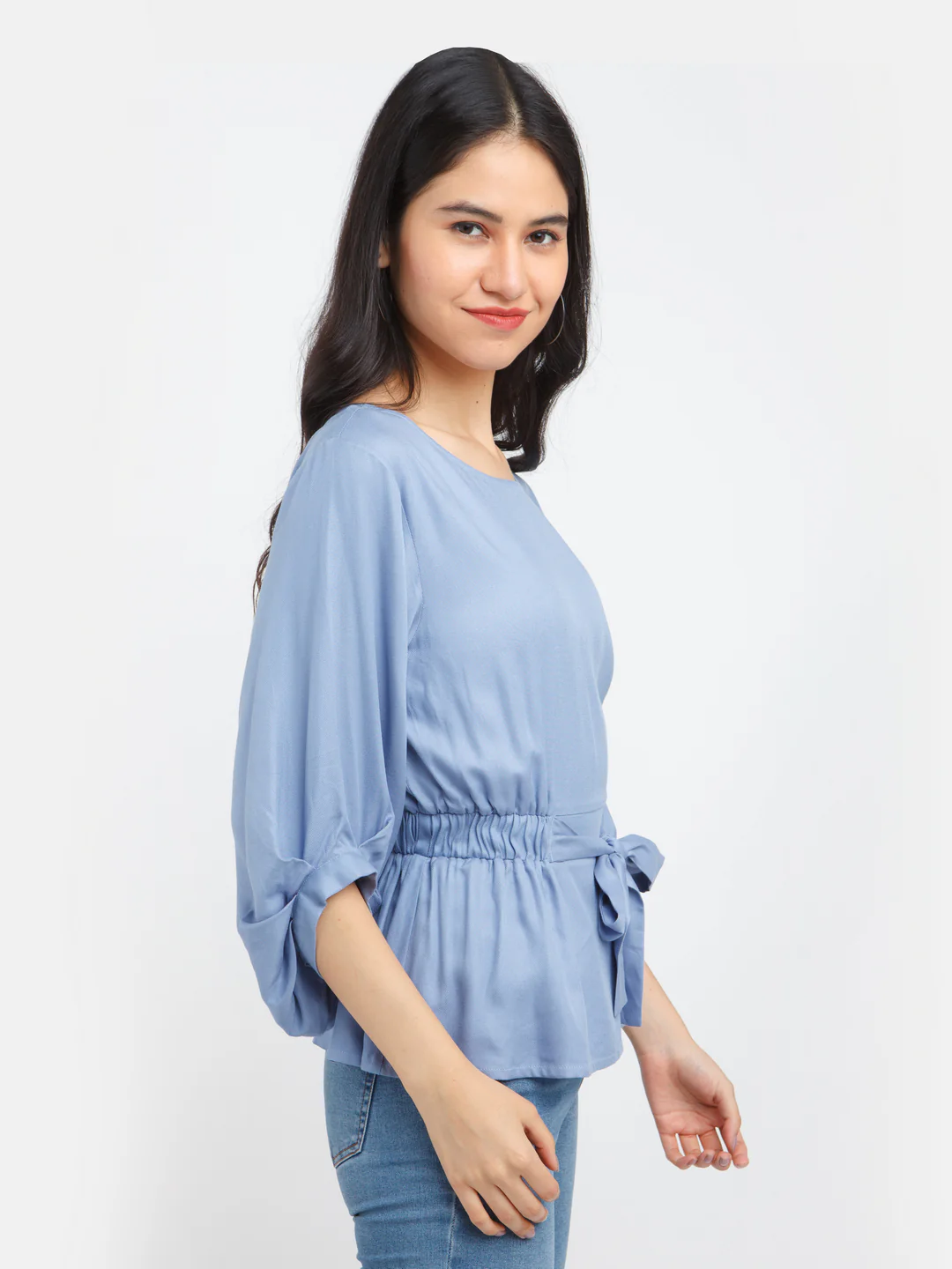 Blue Solid Flared Sleeve Top - Image 3