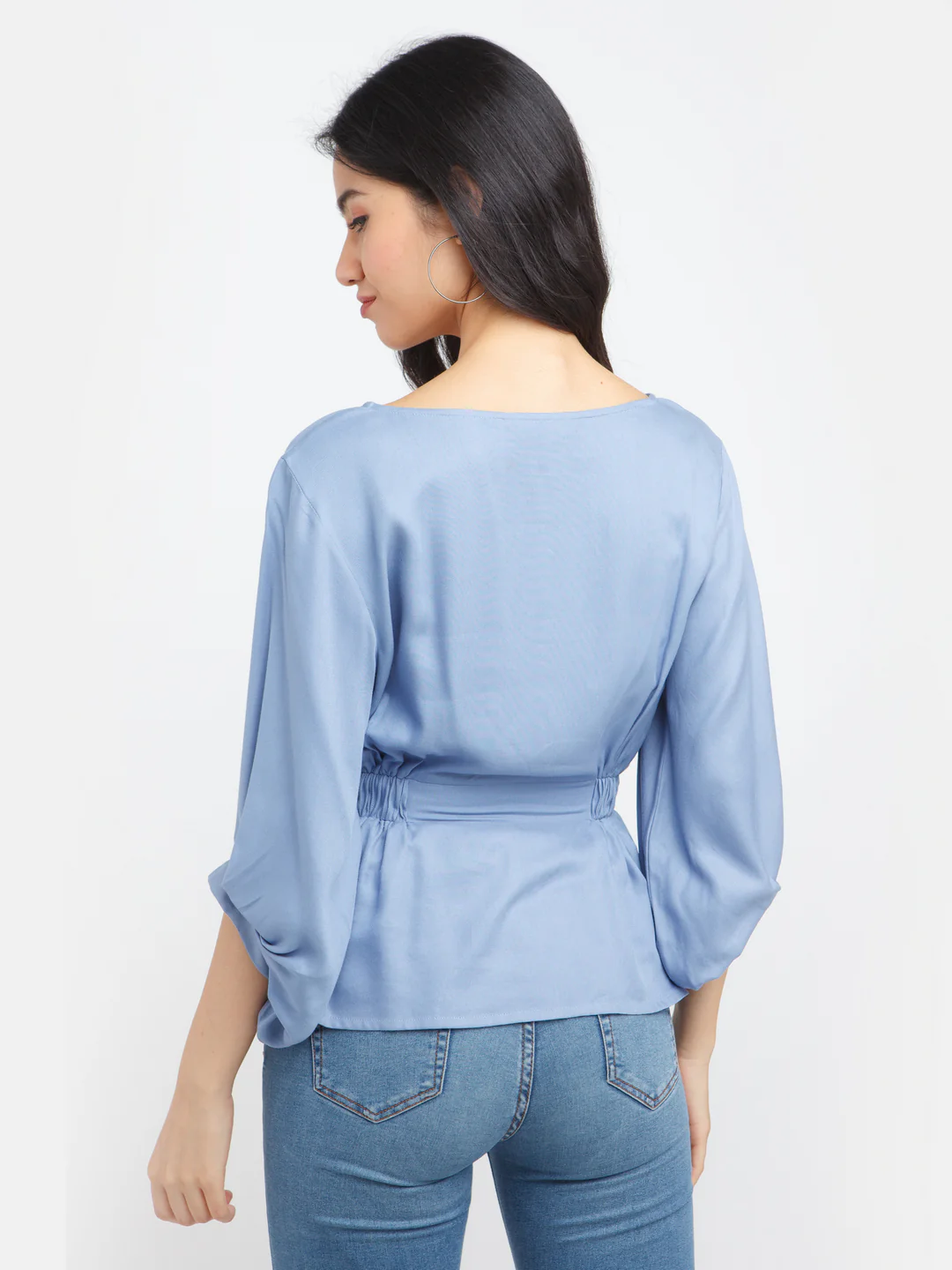 Blue Solid Flared Sleeve Top - Image 4