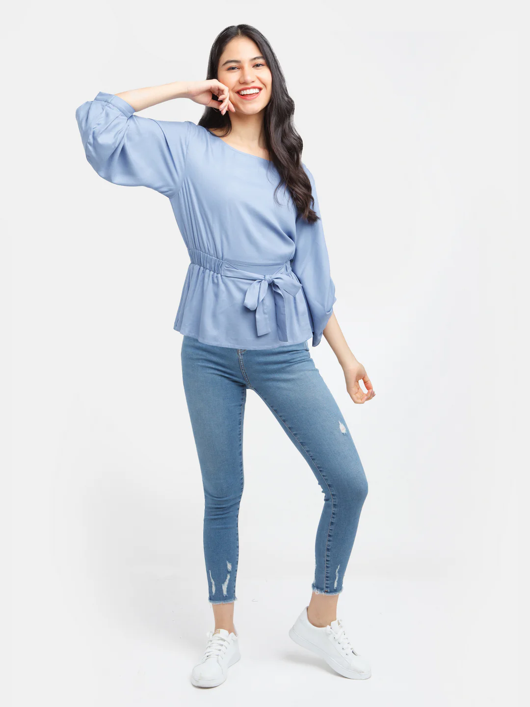 Blue Solid Flared Sleeve Top - Image 5