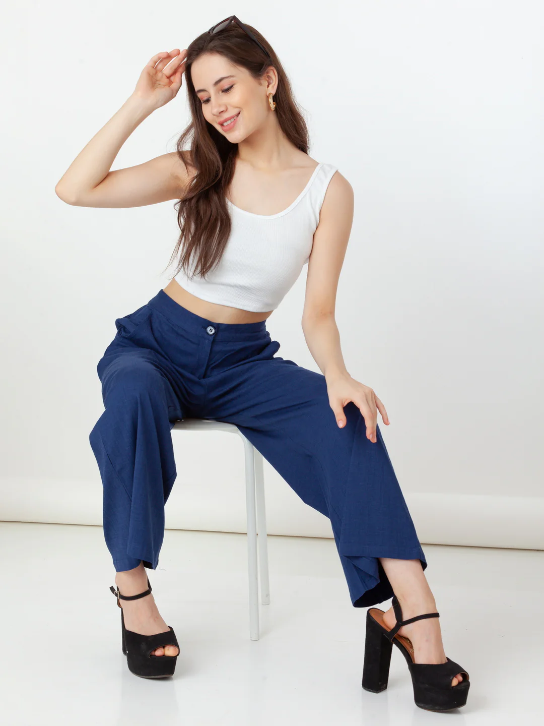 Blue Solid Flared Trouser