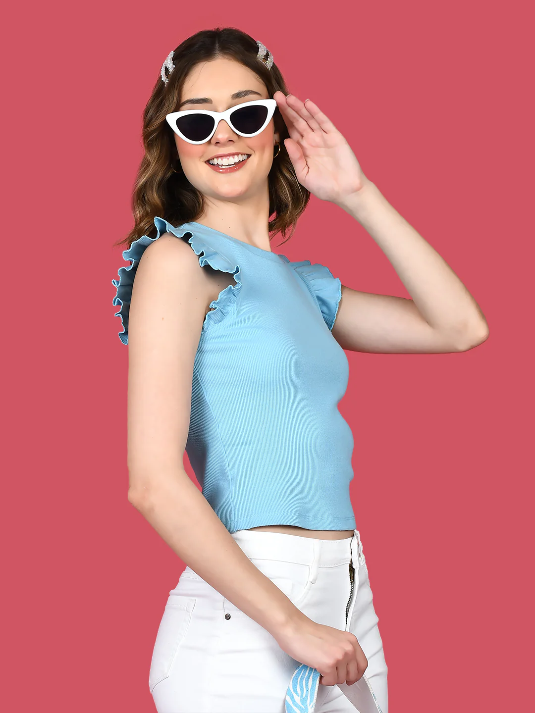 Blue Solid Frill Top - Image 3