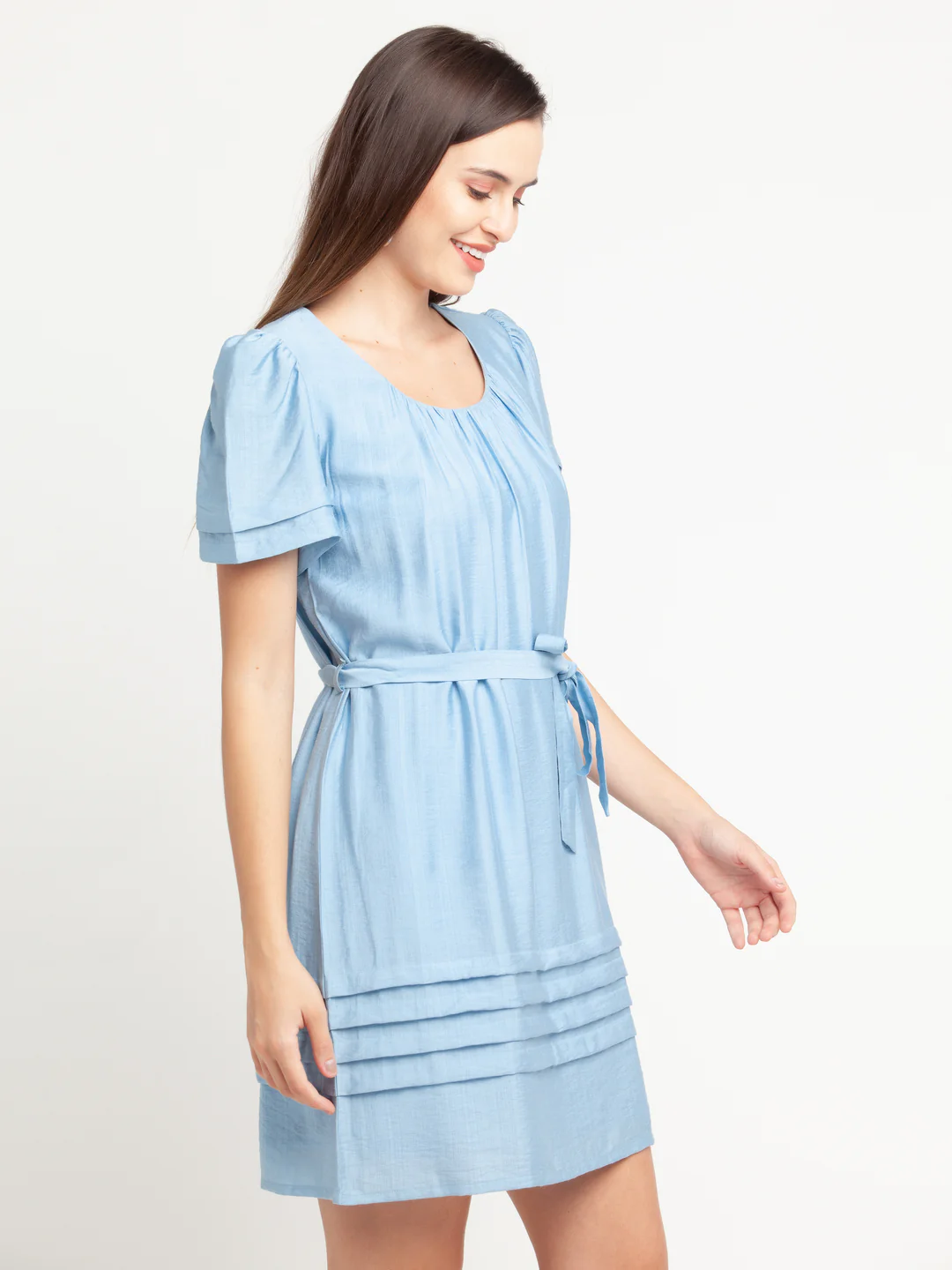 Blue Solid Gathered Short Dress - Image 3