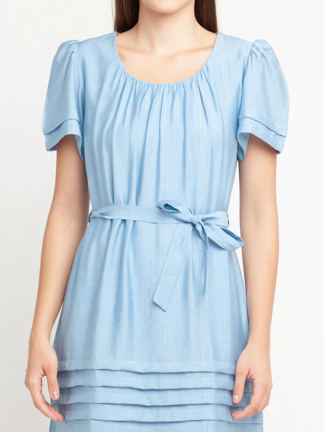Blue Solid Gathered Short Dress - Image 6