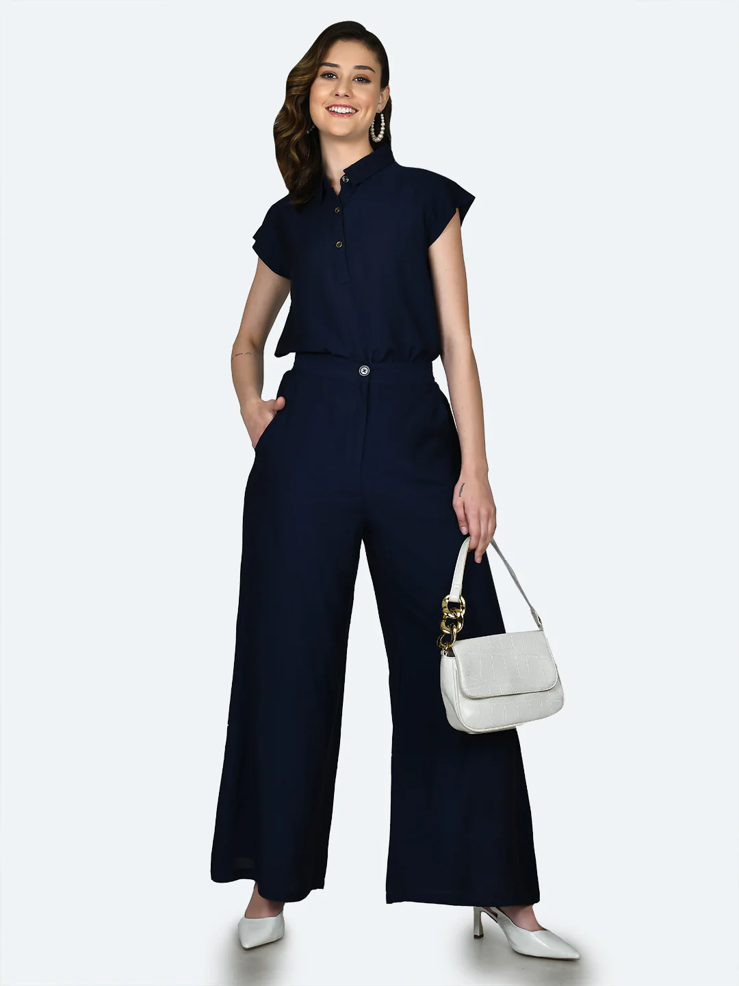 Blue Solid Half-Elasticated Full Length Flared Trouser