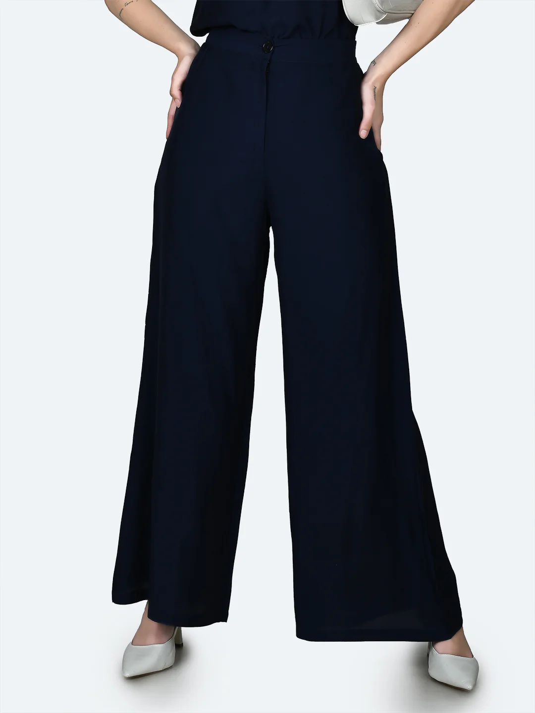 Blue Solid Half-Elasticated Full Length Flared Trouser - Image 2