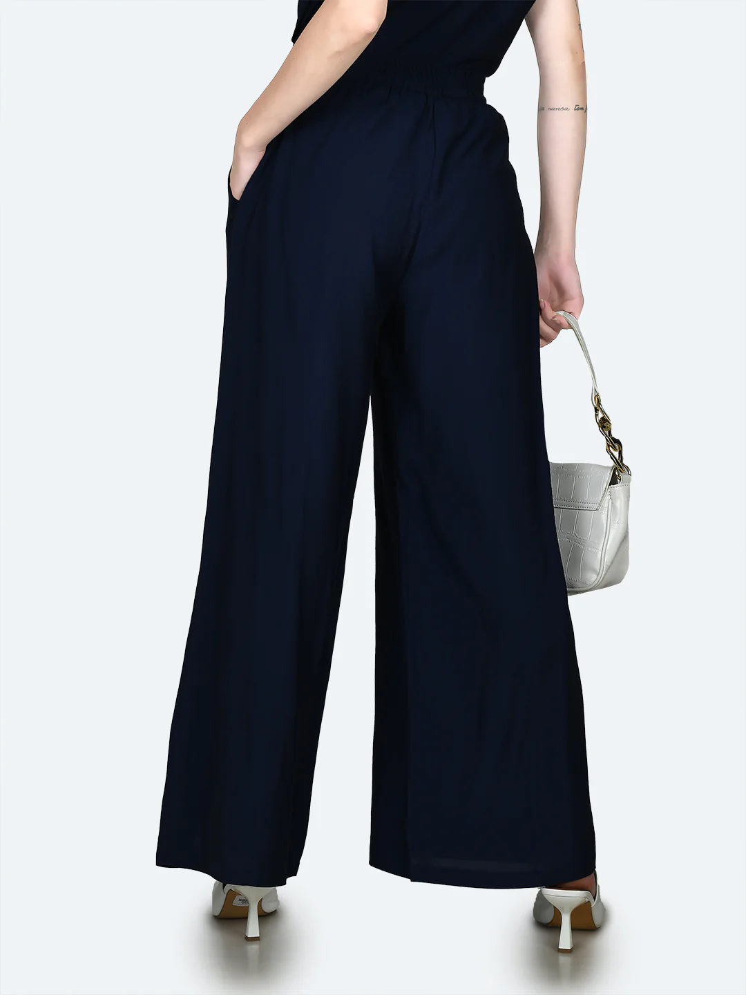 Blue Solid Half-Elasticated Full Length Flared Trouser - Image 4