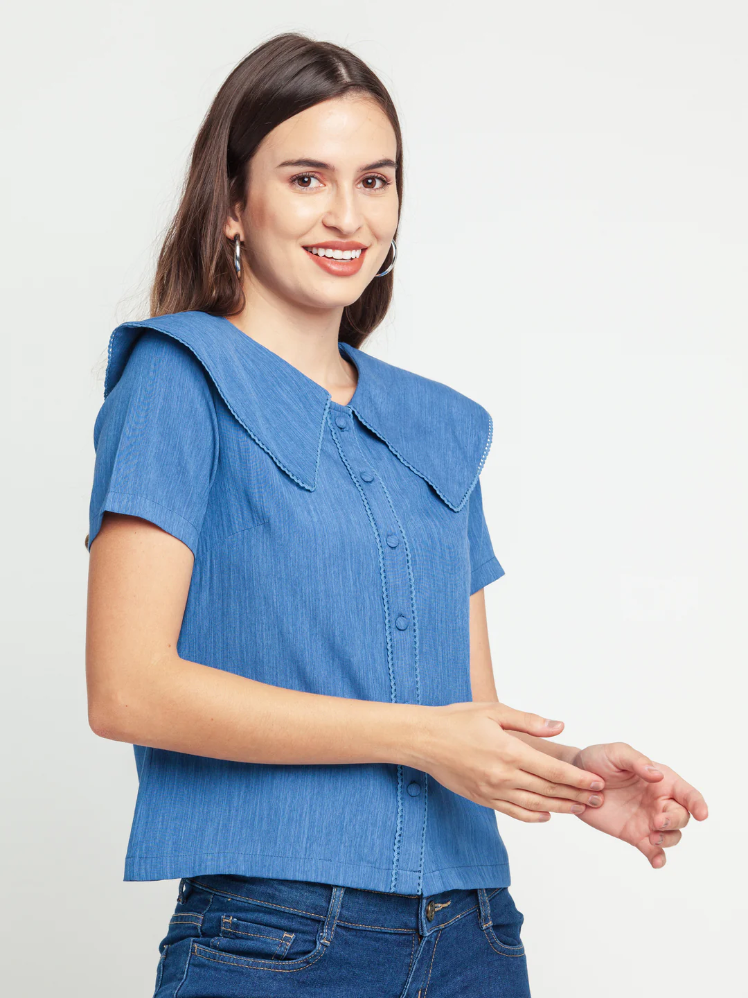 Blue Solid Lace Insert Shirt - Image 3