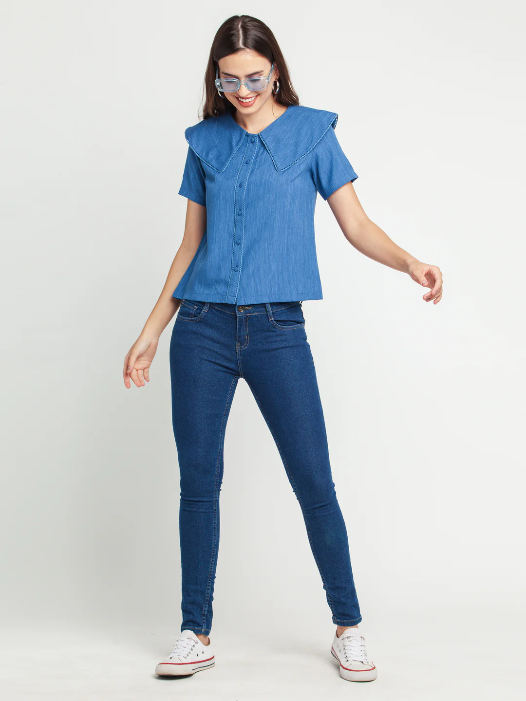 Blue Solid Lace Insert Shirt - Image 5