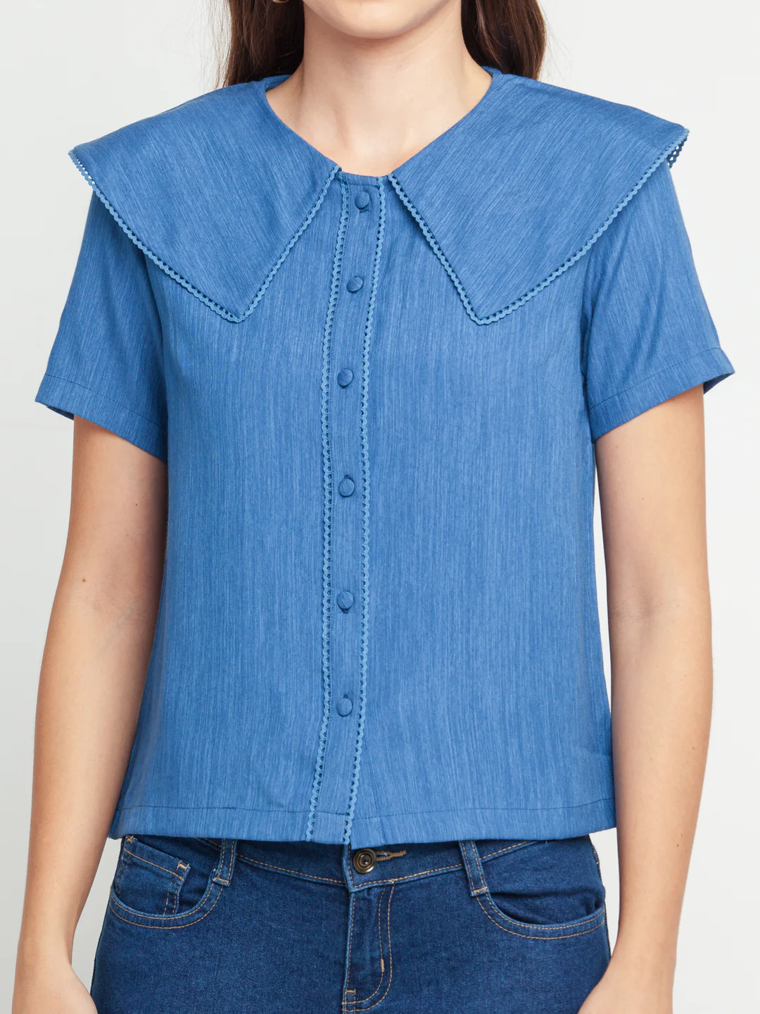 Blue Solid Lace Insert Shirt - Image 6