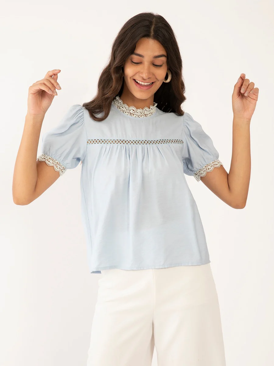 Blue Solid Lace Insert Top - Image 2