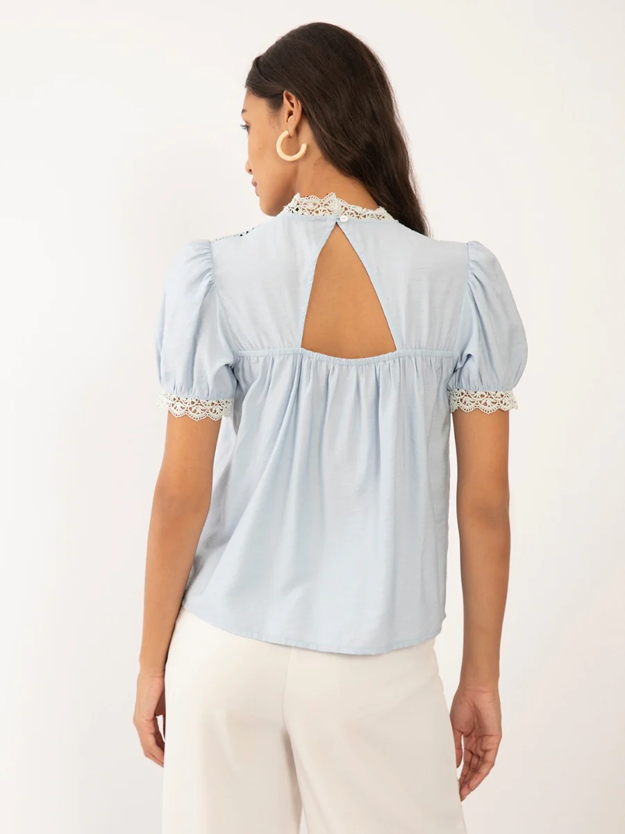 Blue Solid Lace Insert Top - Image 4
