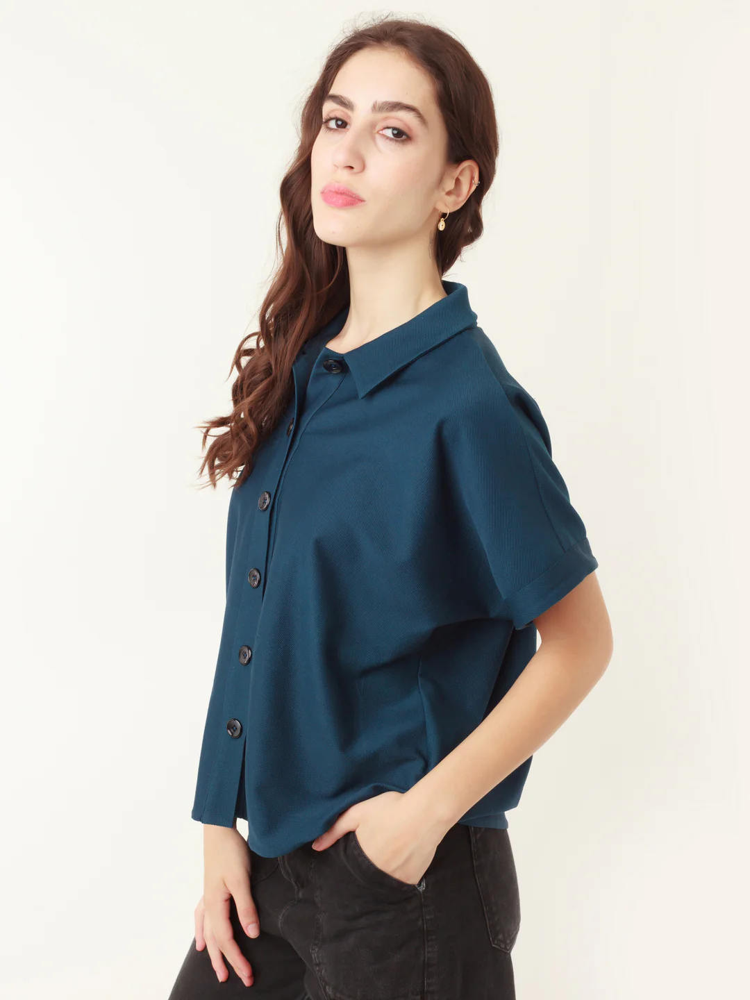 Blue Solid Oversized Shirt - Image 3
