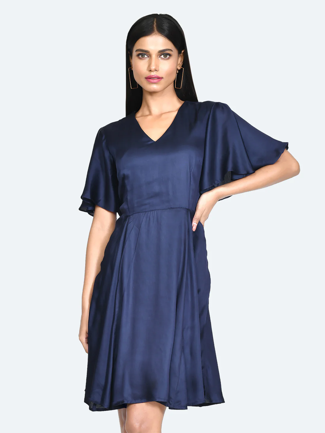Blue Solid Pleated Short Dress - Image 2