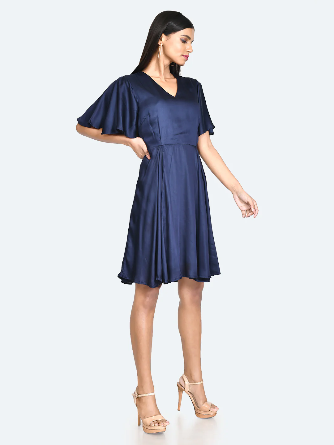 Blue Solid Pleated Short Dress - Image 5