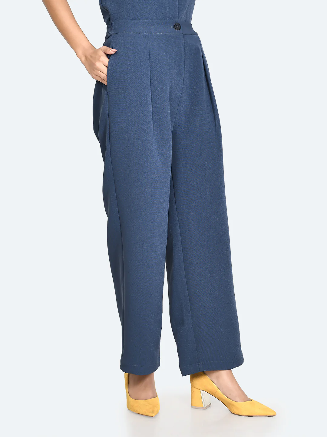 Blue Solid Pleated Trousers - Image 3