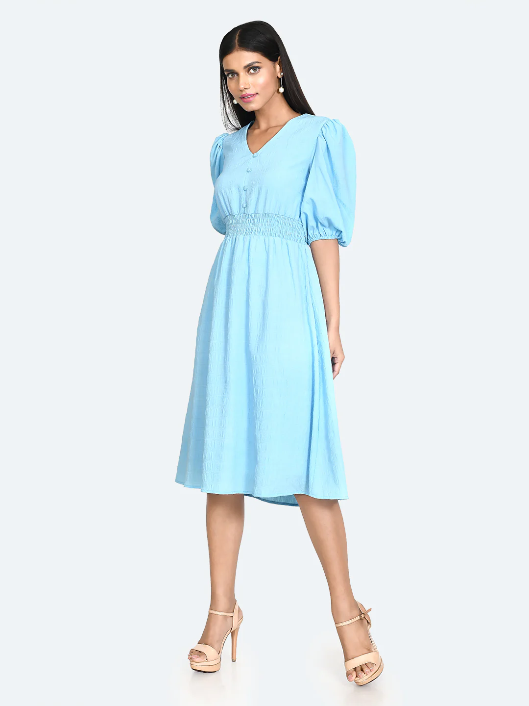 Blue Solid Puff Sleeve Midi Dress - Image 5