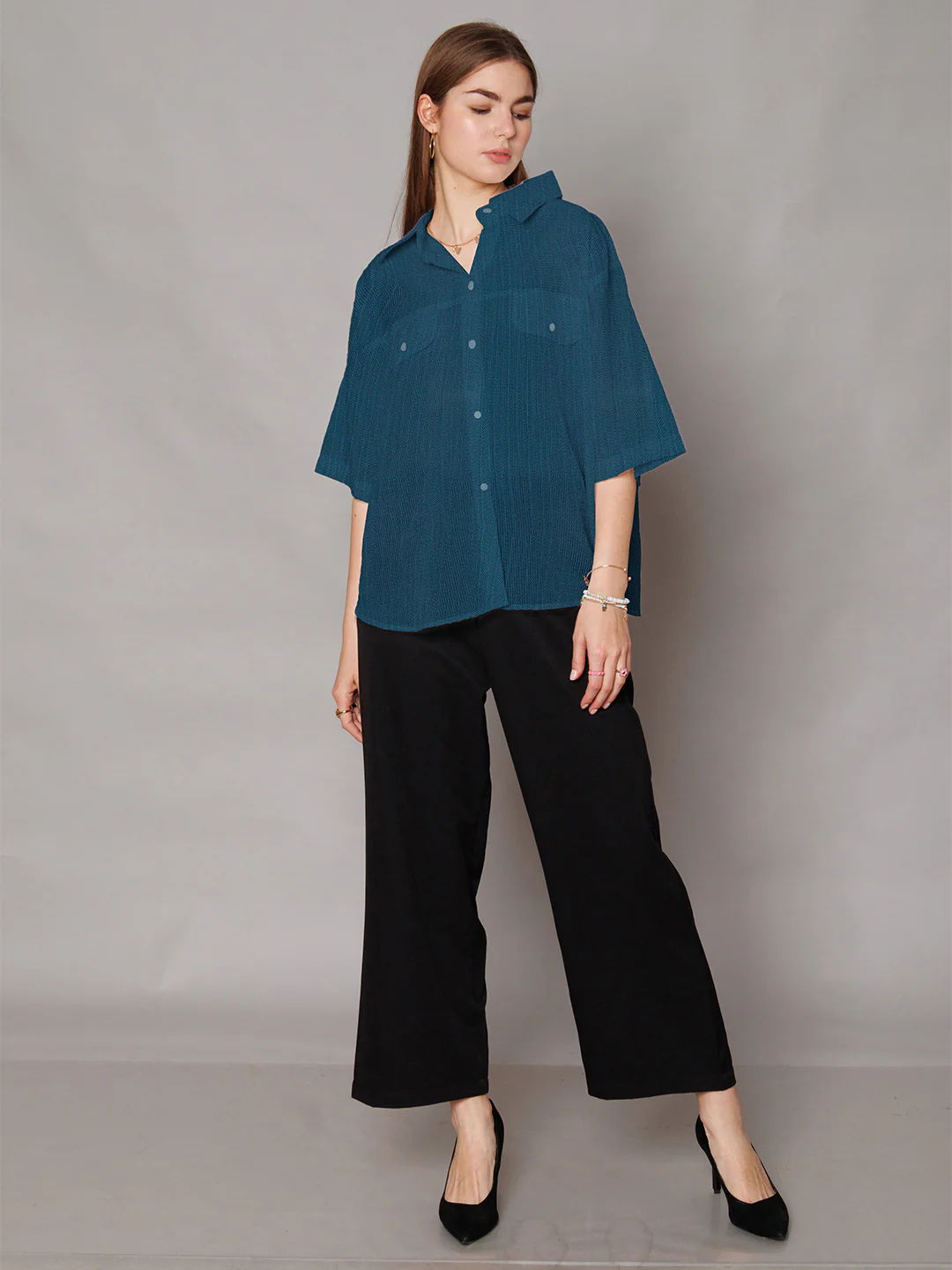Blue Solid Relaxed Fit Shirt - Image 3