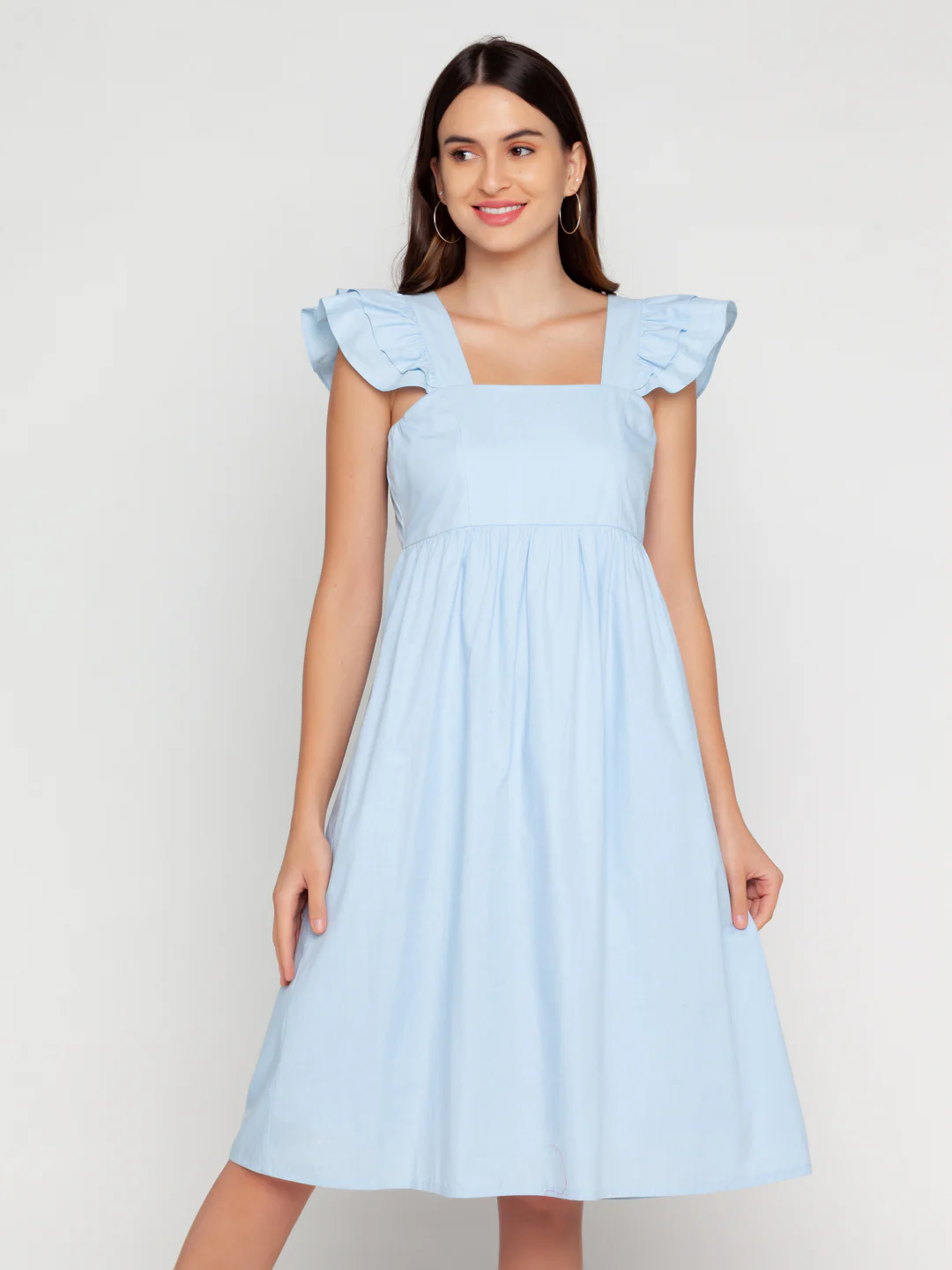 Blue Solid Ruffled Midi Dress - Image 2