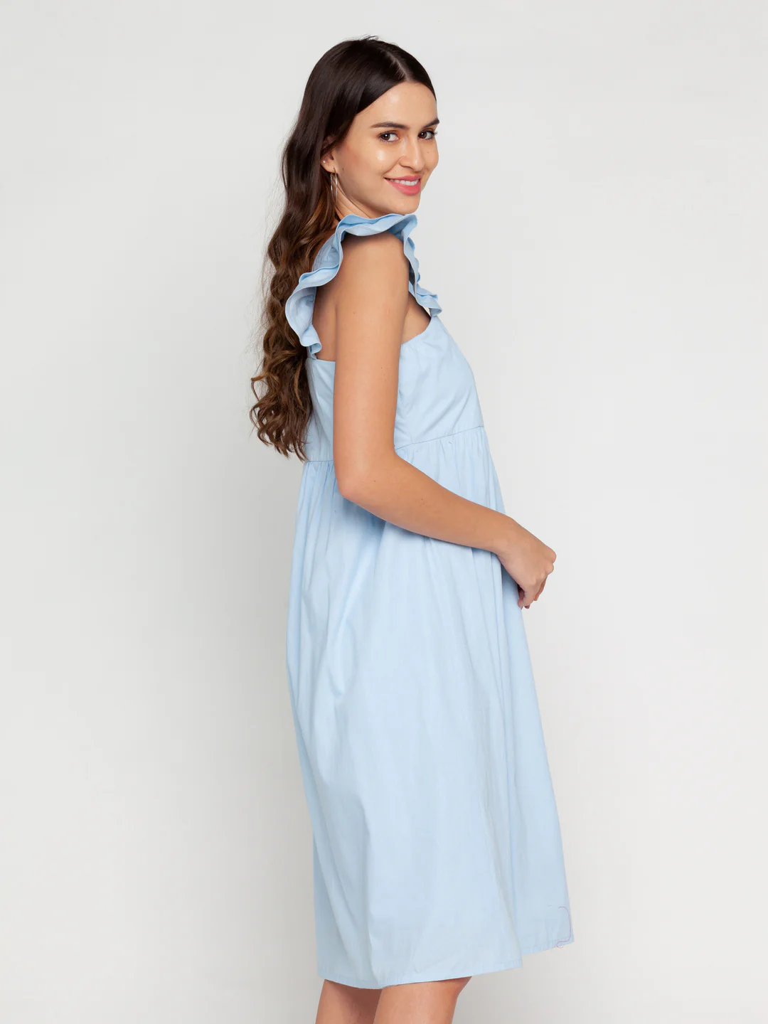 Blue Solid Ruffled Midi Dress - Image 3