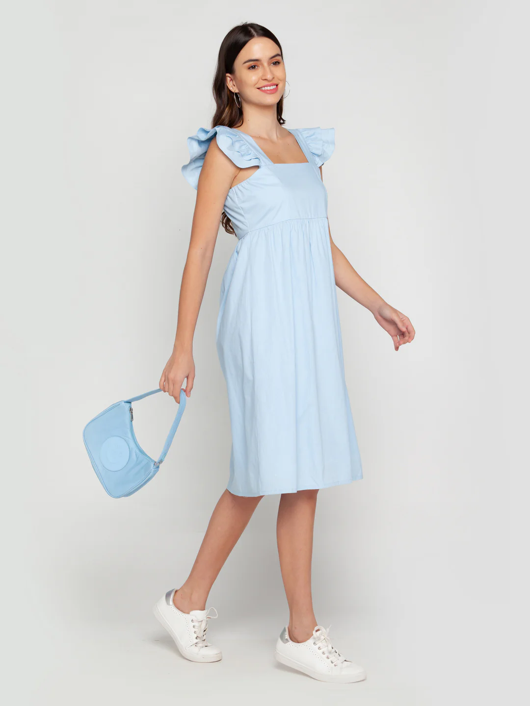 Blue Solid Ruffled Midi Dress - Image 5