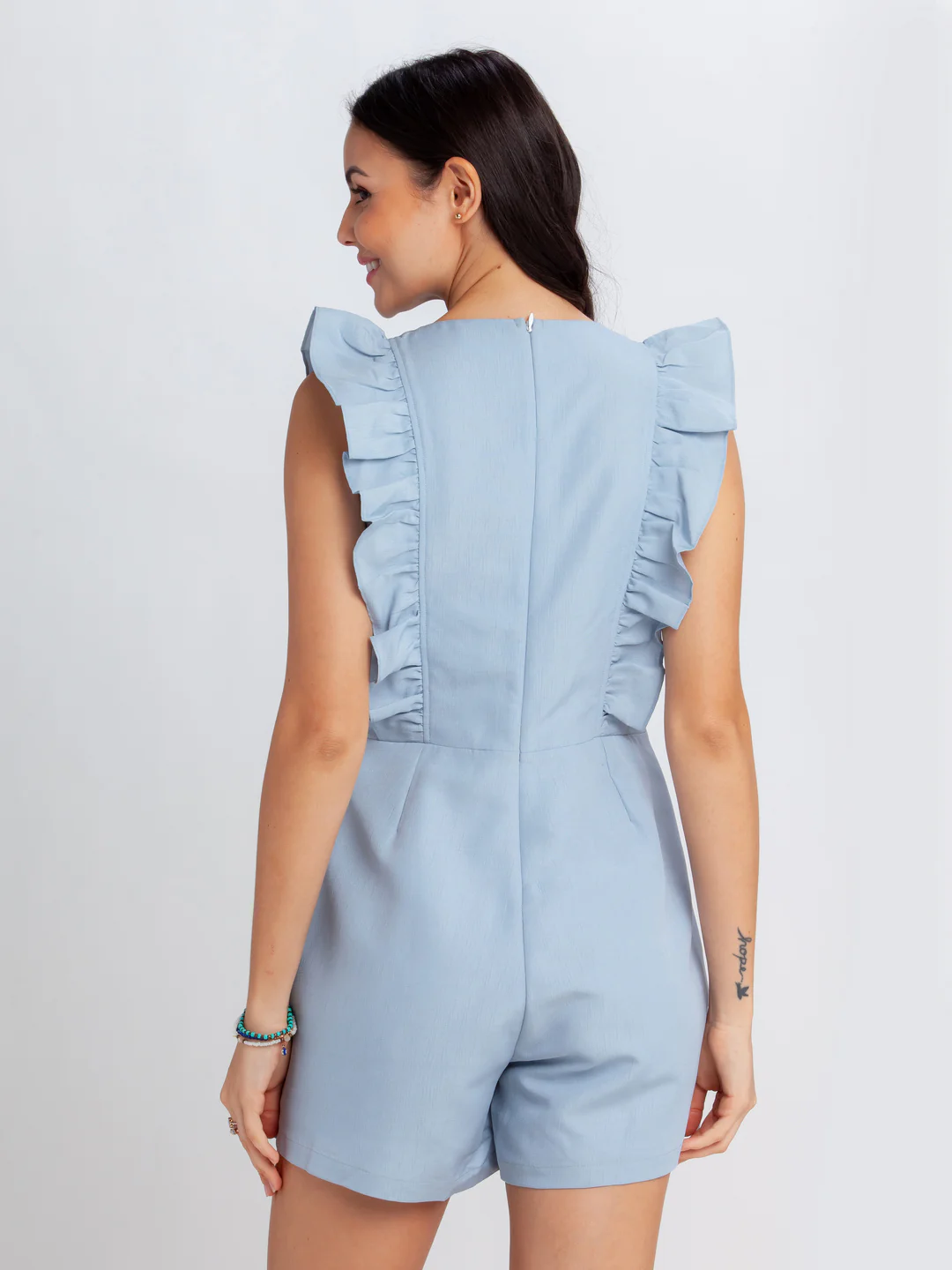 Blue Solid Ruffled Playsuit - Image 4