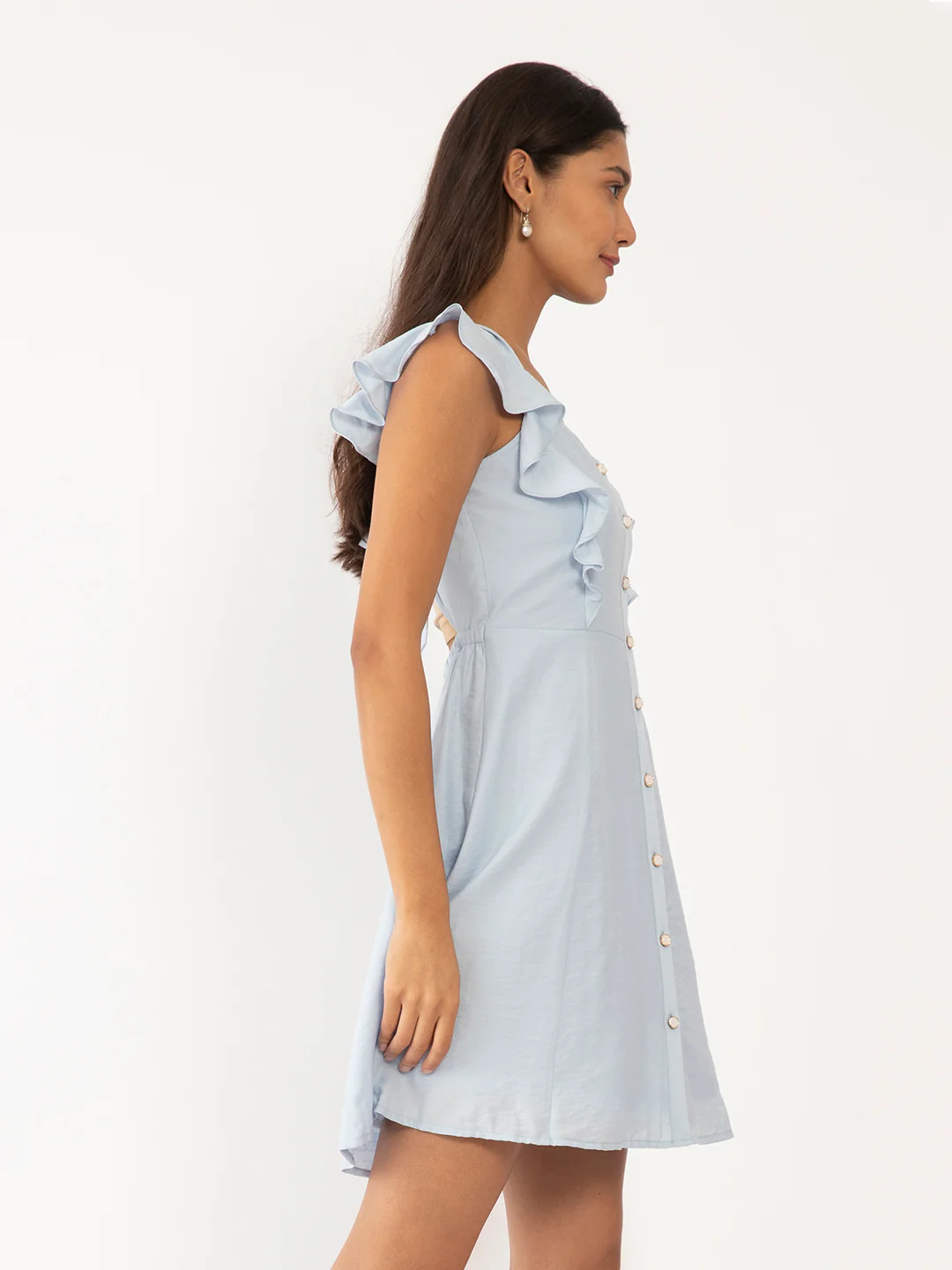 Blue Solid Ruffled Short Dress