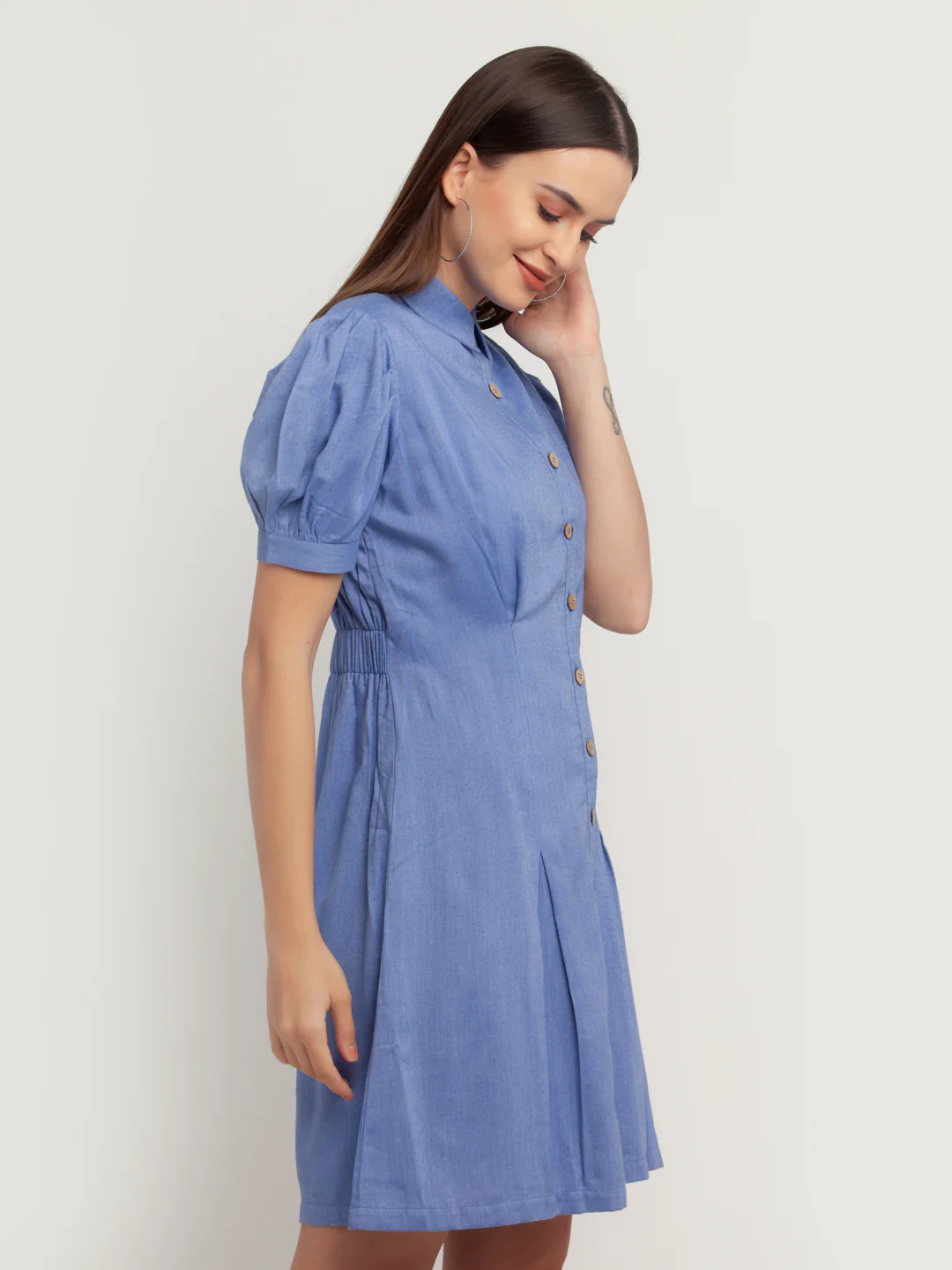 Blue Solid Shirt Dress - Image 3