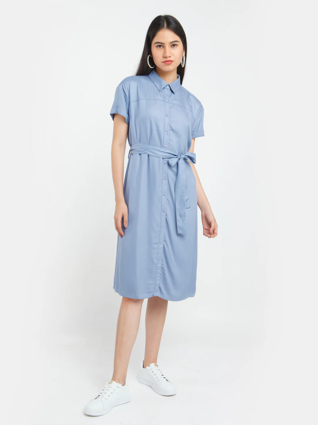 Blue Solid Shirt Dress - Image 2