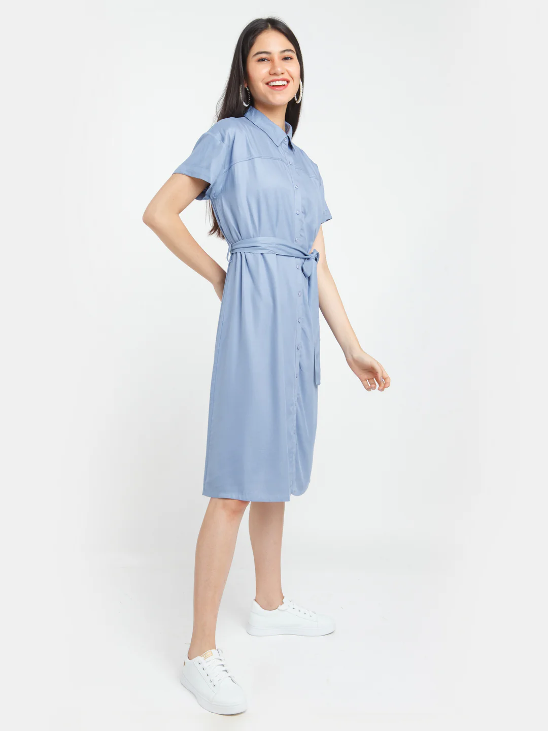 Blue Solid Shirt Dress - Image 3