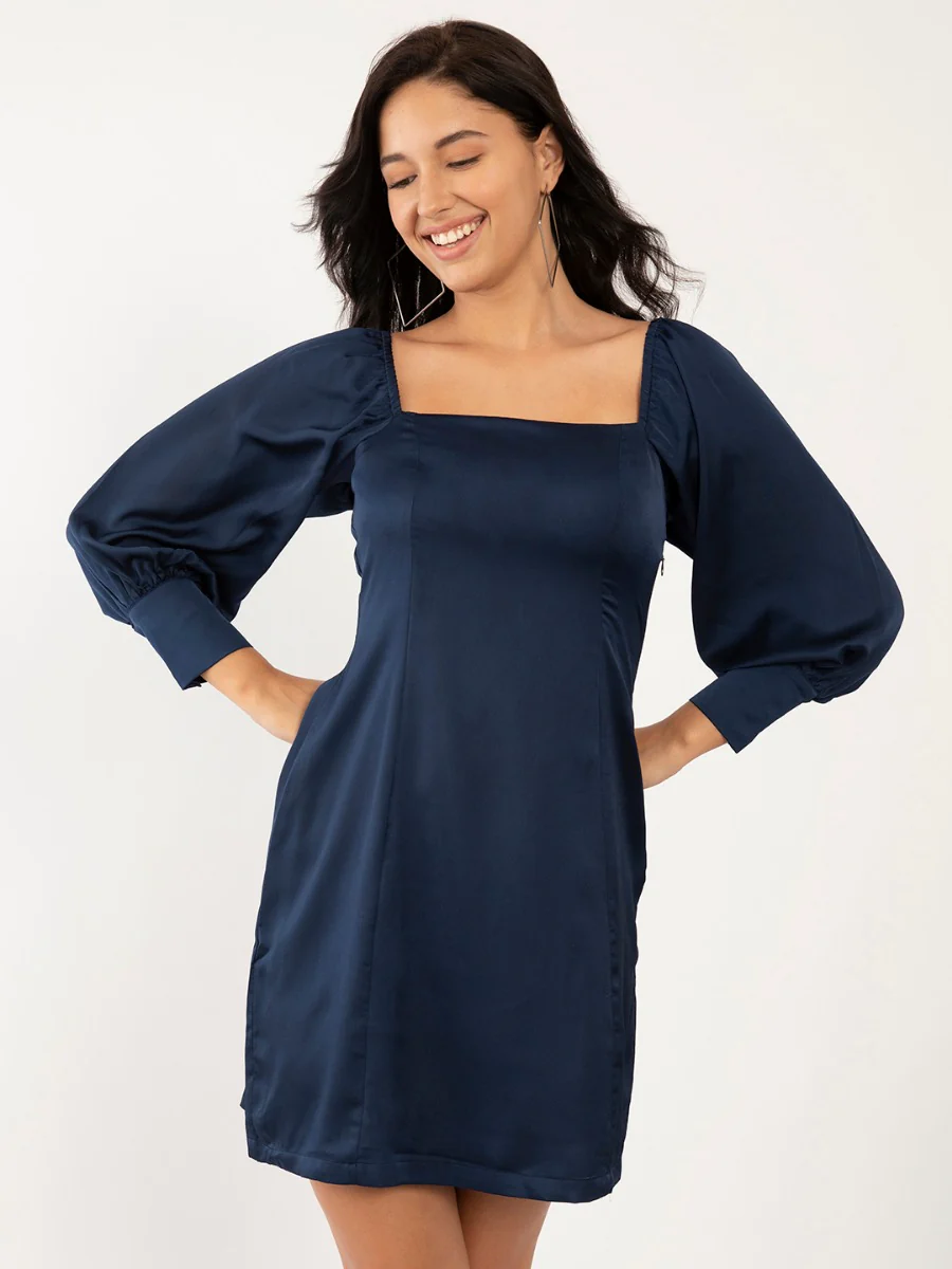 Blue Solid Short Dress - Image 2