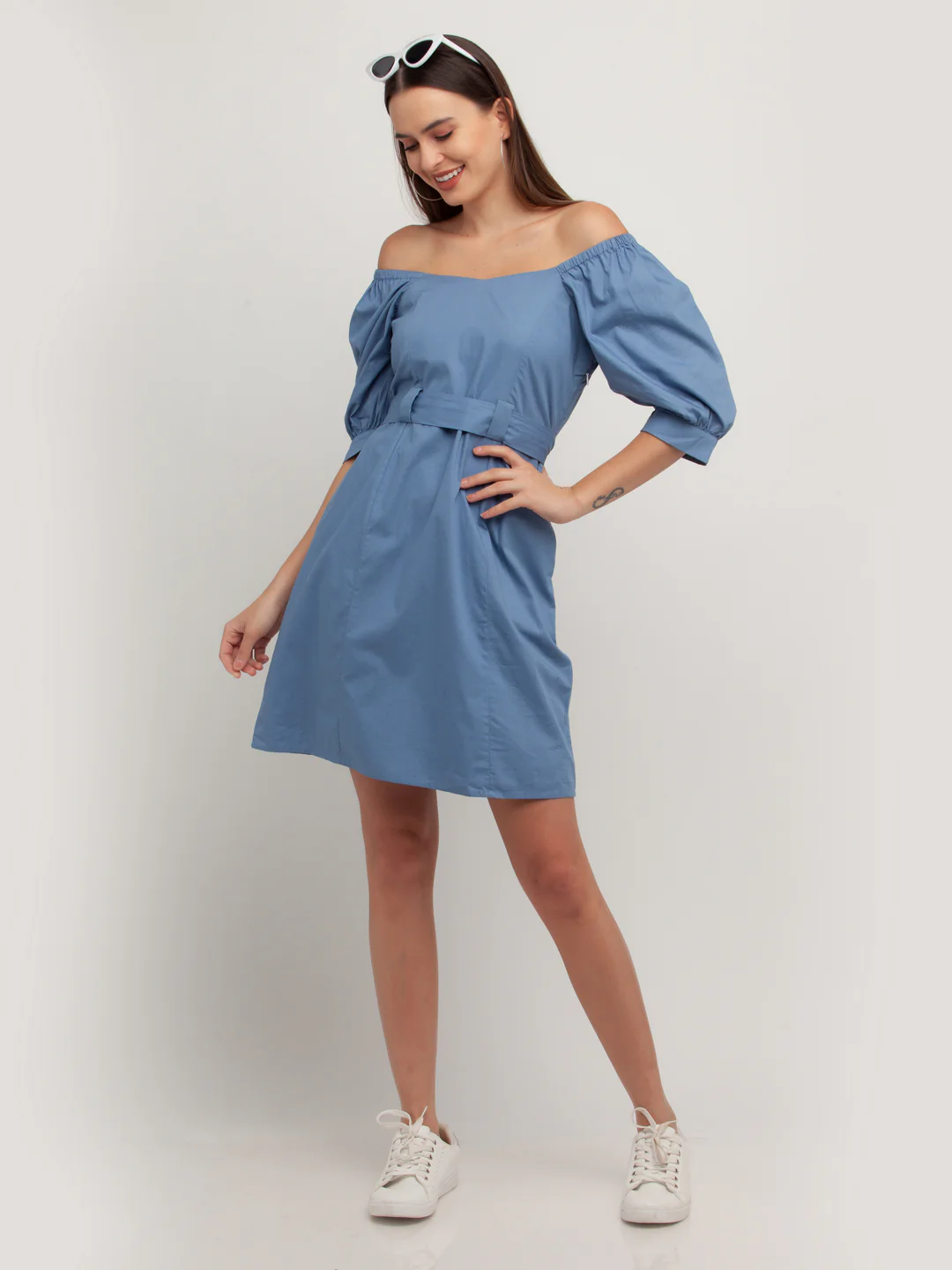 Blue Solid Short Dress - Image 5