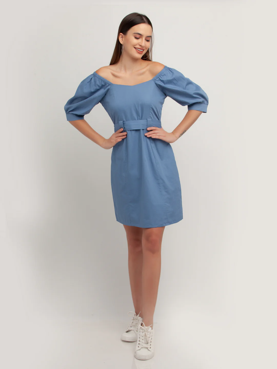 Blue Solid Short Dress - Image 7