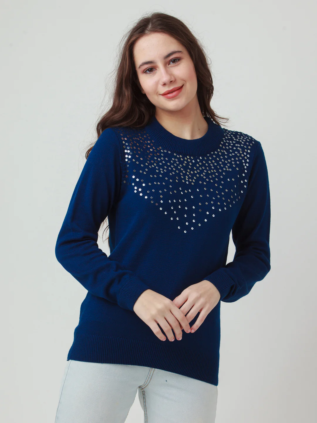 Blue Solid Straight Sweater - Image 2
