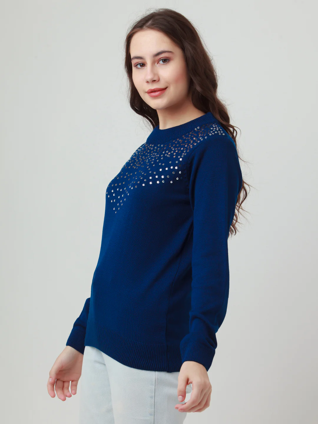 Blue Solid Straight Sweater - Image 3
