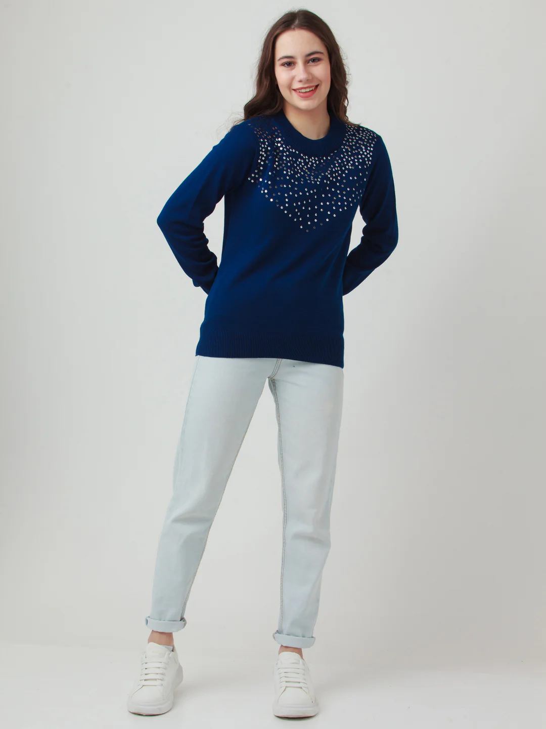 Blue Solid Straight Sweater - Image 5