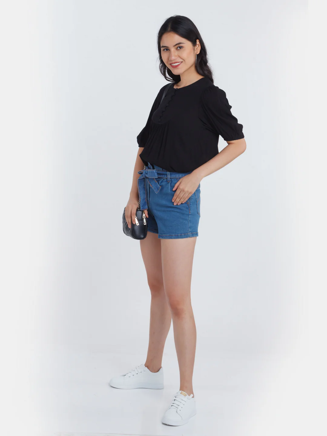 Blue Solid Tie-Up Jeans Shorts - Image 5