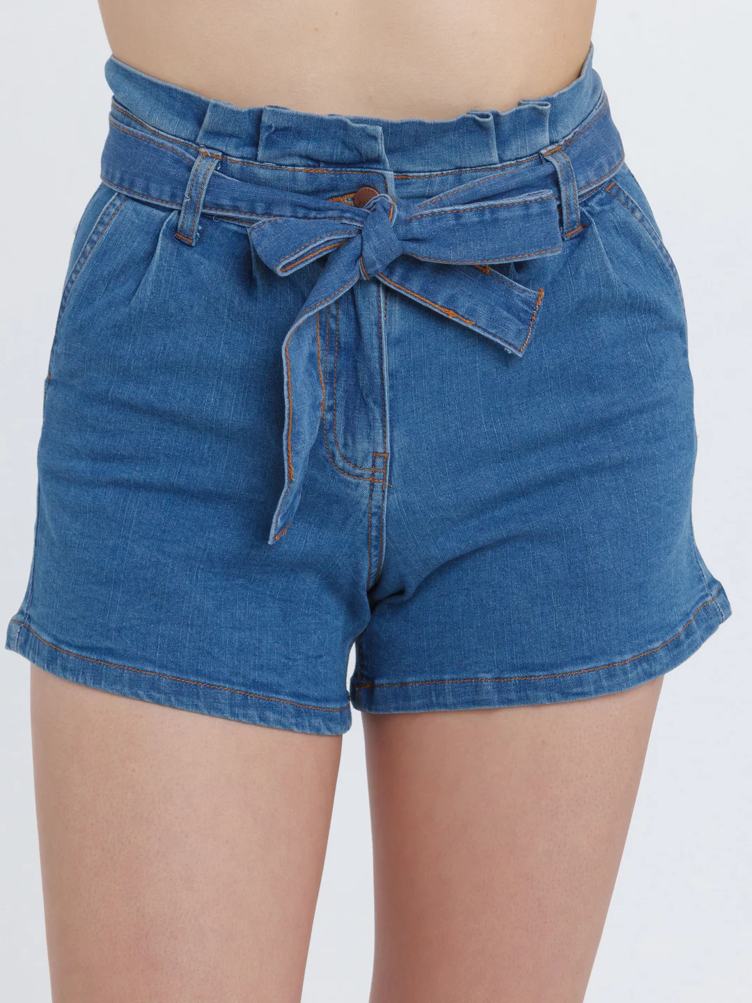 Blue Solid Tie-Up Jeans Shorts - Image 6