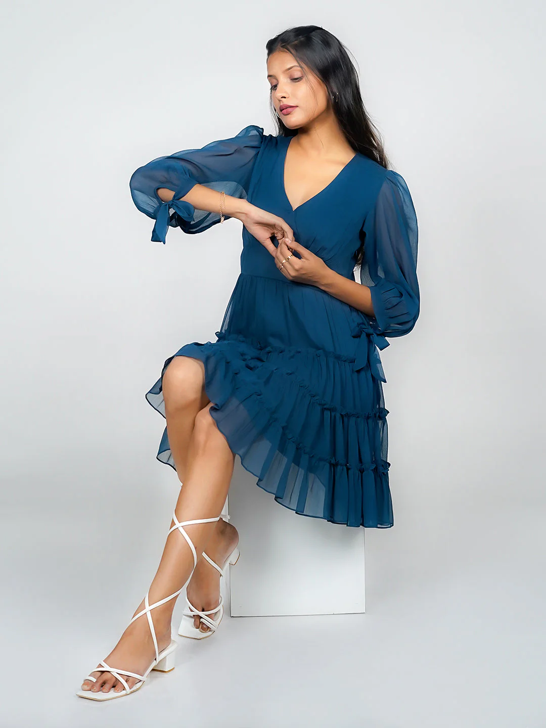 Blue Solid Tiered Mini Dress - Image 2