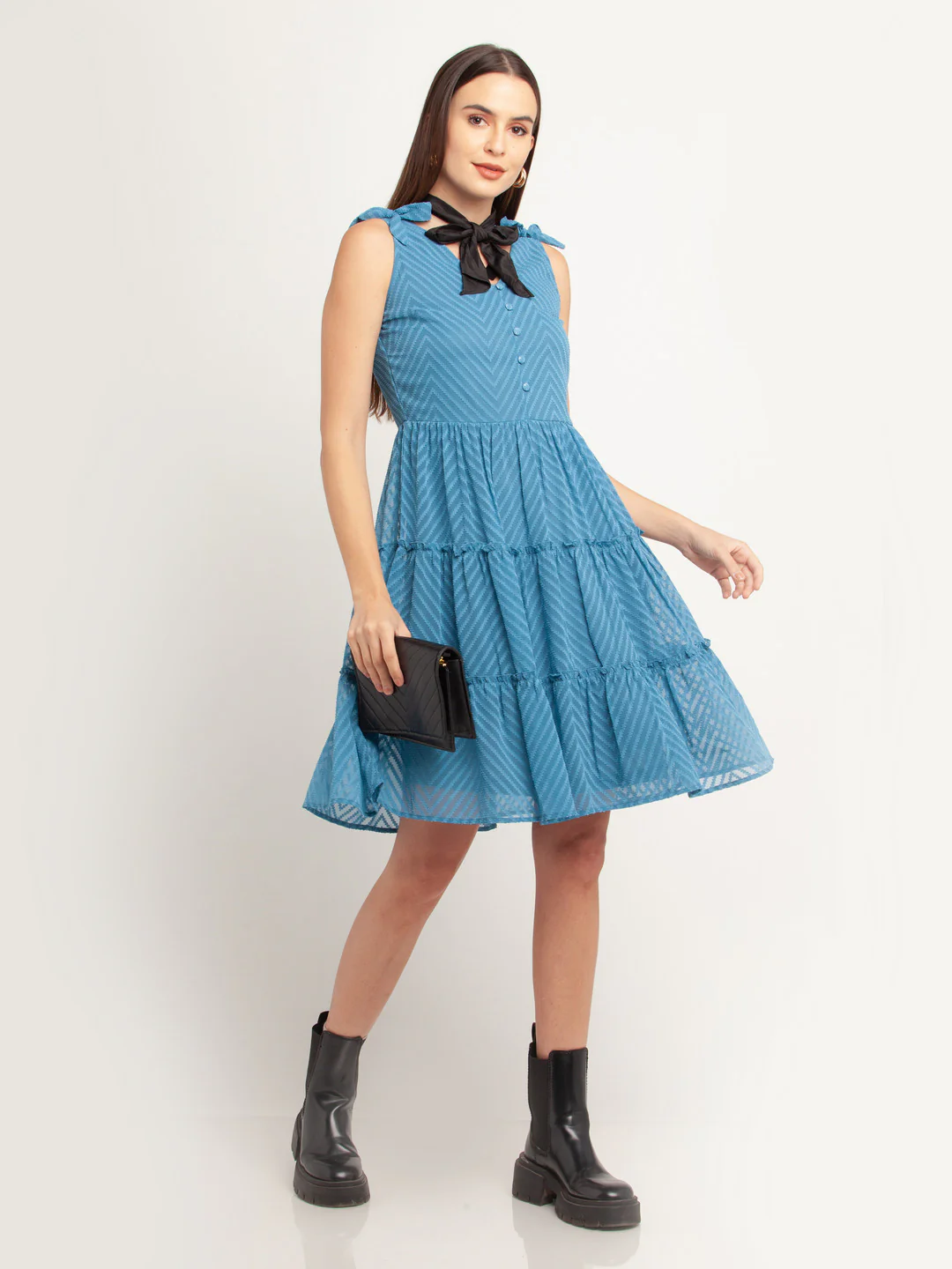 Blue Solid Tiered Short Dress - Image 5