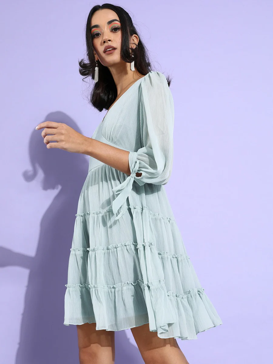 Blue Solid Tiered Short Dress - Image 3