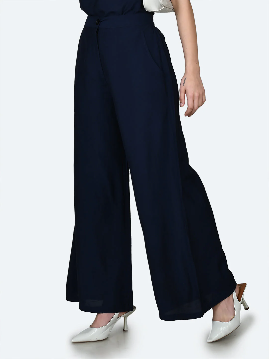 Blue Solid Wide Leg Trouser - Image 3