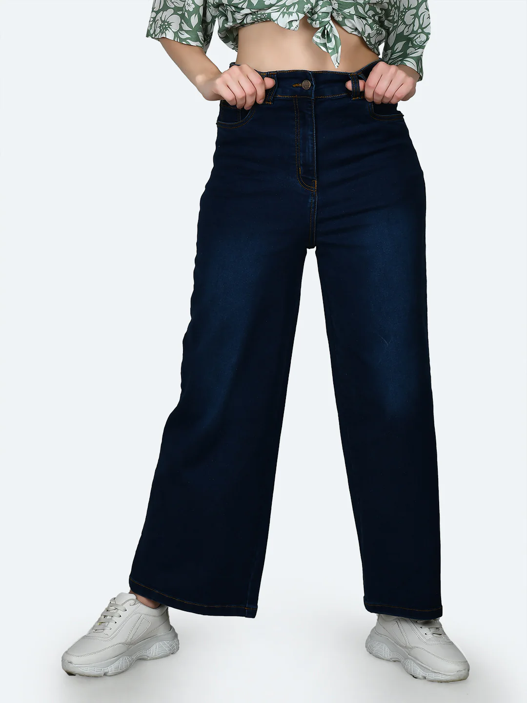 Blue Solid Wide Leg Jeans - Image 2