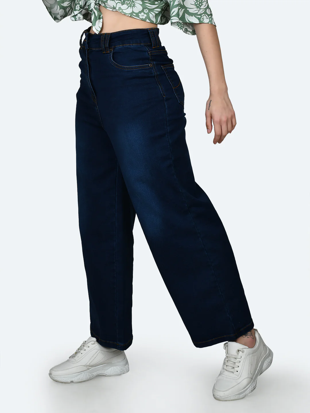 Blue Solid Wide Leg Jeans - Image 3