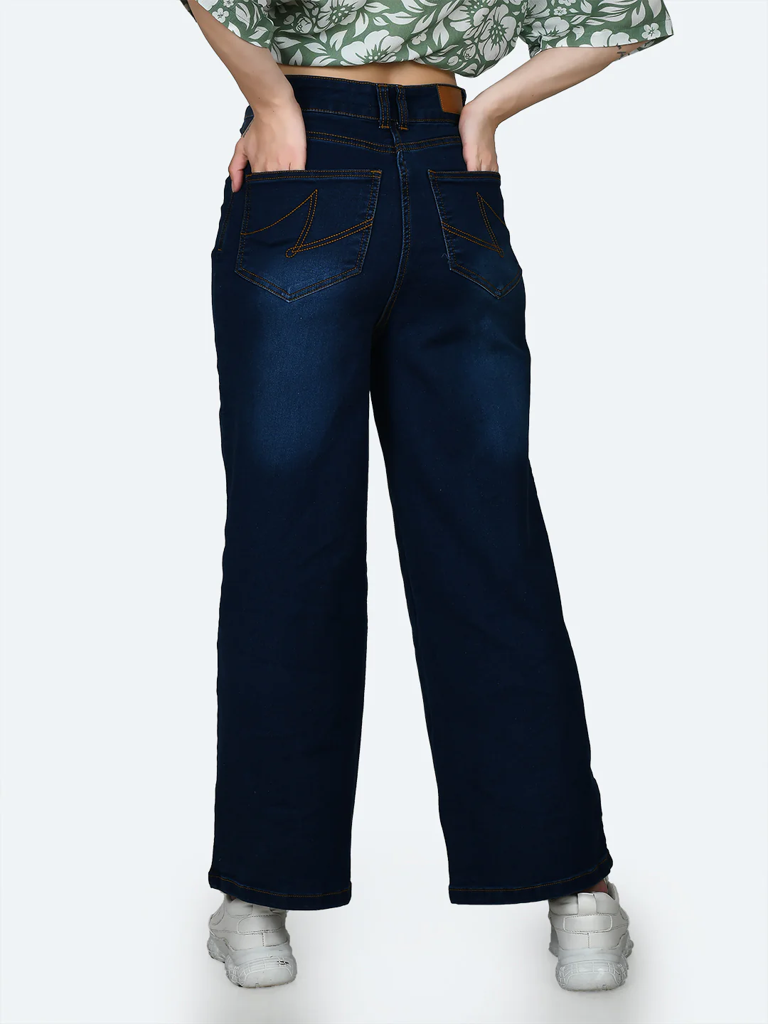 Blue Solid Wide Leg Jeans - Image 4
